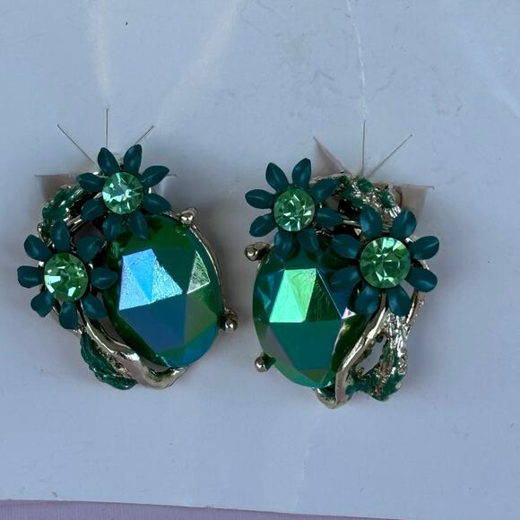 VINTAGE Forget Me Not Rhinestone & Pearl Gold Tone Clip On Earrings - Picture 1 of 7